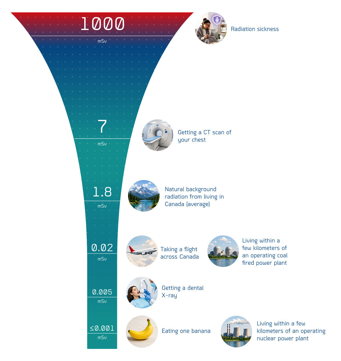 Chart illustrating relative radiation doses of various events and experiences: Radiation sickness: 1000 mSv Getting a CT scan of your chest: 7 mSv Natural background radiation from living in Canada (average): 1.8 mSv Taking a flight across Canada: 0.02 mSv Living within a few kilometers of an operating coal fired power plant: 0.02 mSv Getting a dental X-ray: 0.005 mSv Living within a few kilometers of an operating nuclear power plant: 0.001 mSv Eating one banana: 0.0001 mSv